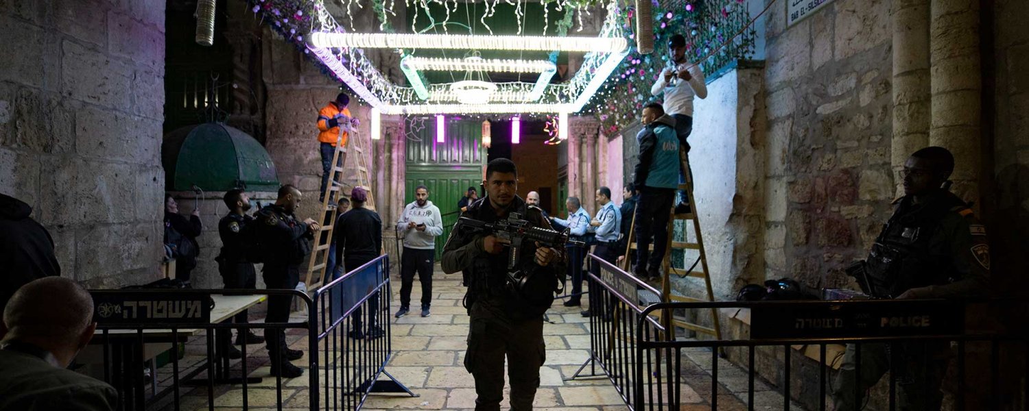 Ramadan decorations and soldier in the Old City of Jerusalem