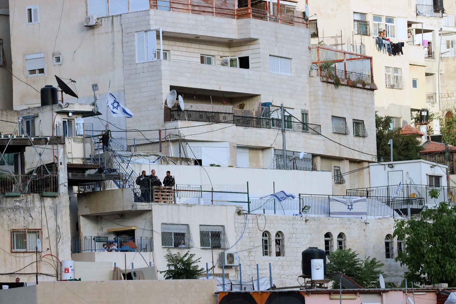 A fortified Israeli settlement home in the Palestinian East Jerusalem neighborhood of Silwan