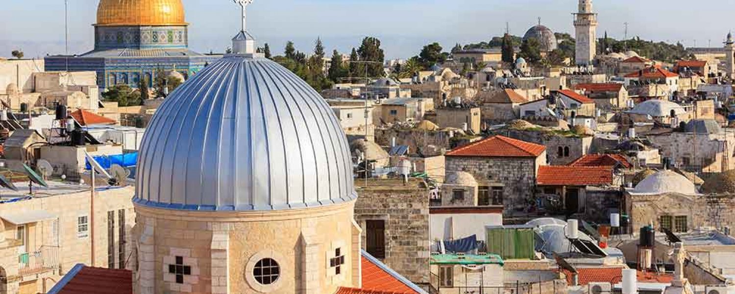 Skyline of Jerusalem's Old City with the Catholic church and the Dome of the Rock showing