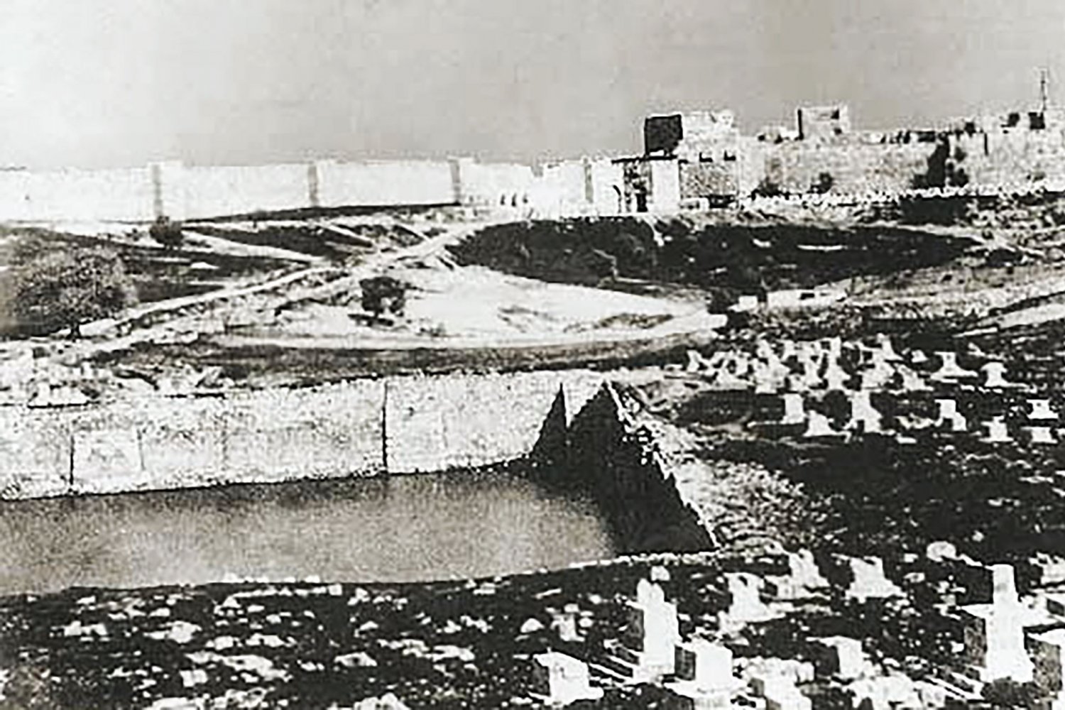 The Mamilla Pool and part of the Mamilla cemetery, Jerusalem, 19th century