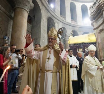 Cardinal Pierbattista Pizzaballa greets worshippers on Easter at the Church of the Holy Sepulchre, Jerusalem, March 31, 2024.