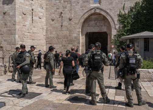 Israeli police guard the entrance to Damascus Gate, June 5, 2024