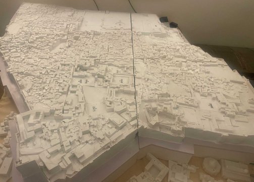 A close-up of a model of Jerusalem developed by the owner of the Jerusalem Hotel, Raed Saadeh