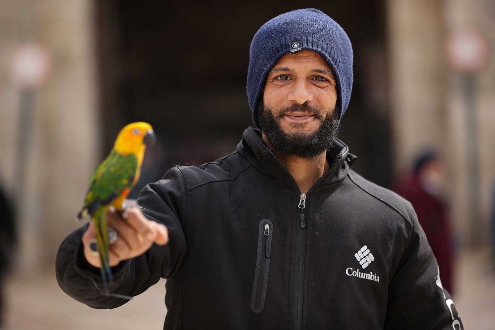 A man with his colorful parakeet perched on his outstretched hand