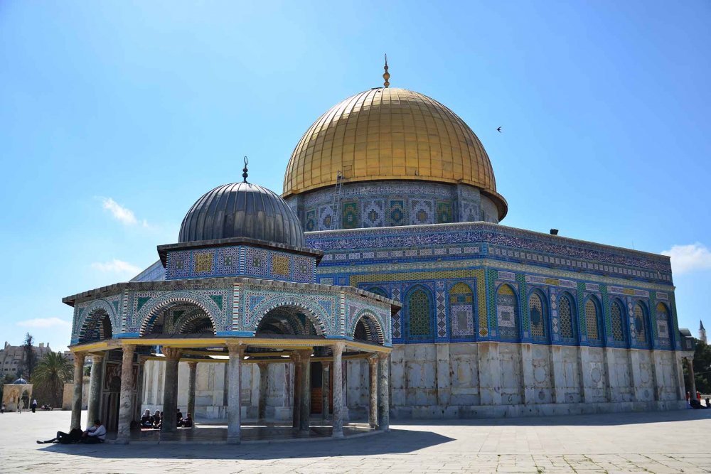 Al-Aqsa Mosque, originally built in the seventh century, is one of the Islamic holy sites in the al-Haram al-Sharif.