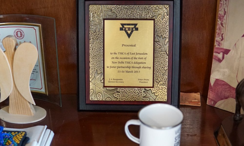 A plaque in the secretary general’s office, East Jerusalem YMCA, May 21, 2024