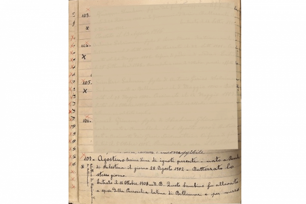 Baptismal registry recording Augustine Lama’s name and his date of birth, 1873–1931, Ramla, Palestine