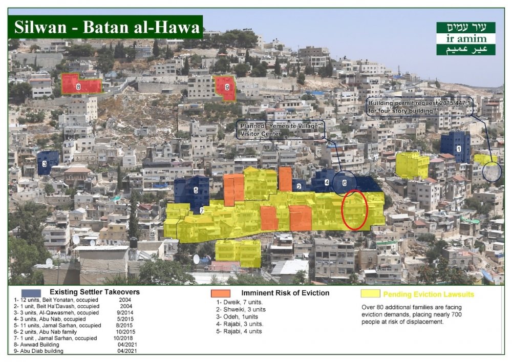 Palestinian homes in Silwan, East Jerusalem, taken or at risk of being taken by Jewish settler groups as of June 2024.