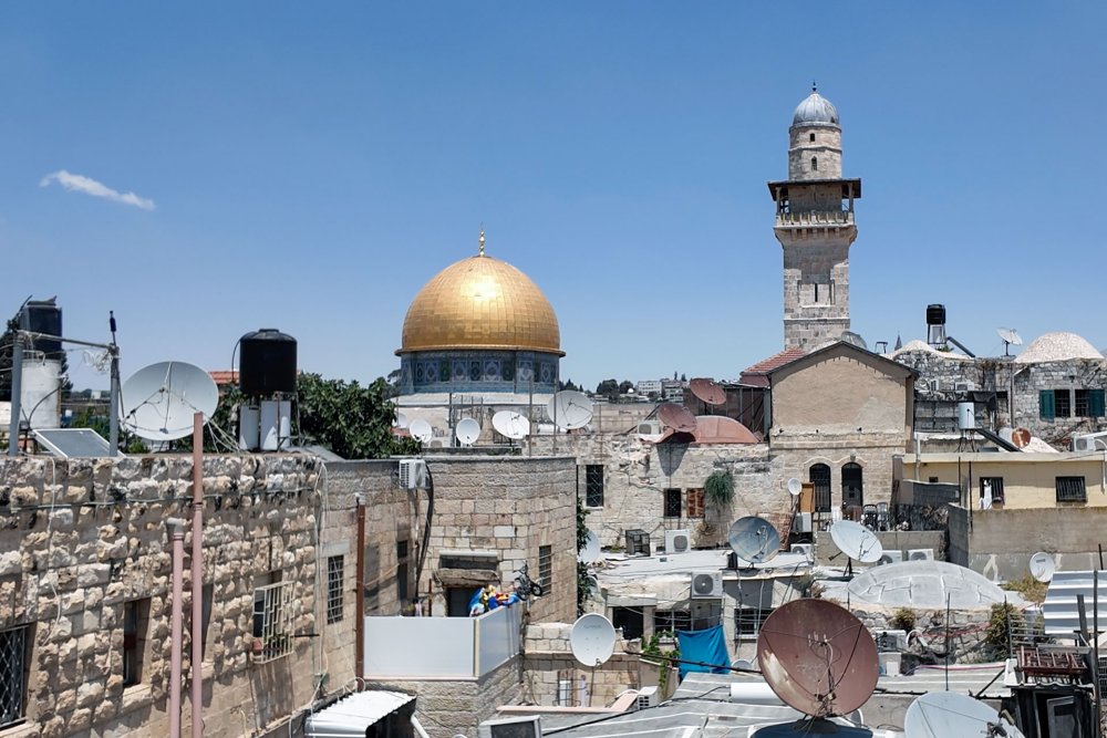 View of Jerusalem’s Old City from the rooftop of a Palestinian family home coveted by settlers days after their eviction, July 11, 2024