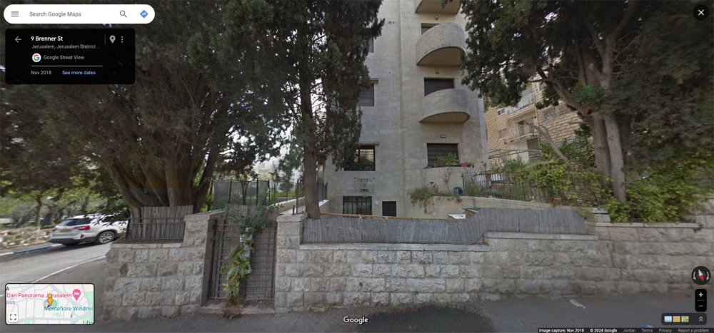 A screenshot of a Google Street View of the Said family home, located today at 10 Brenner Street in Talbiyya, Jerusalem 