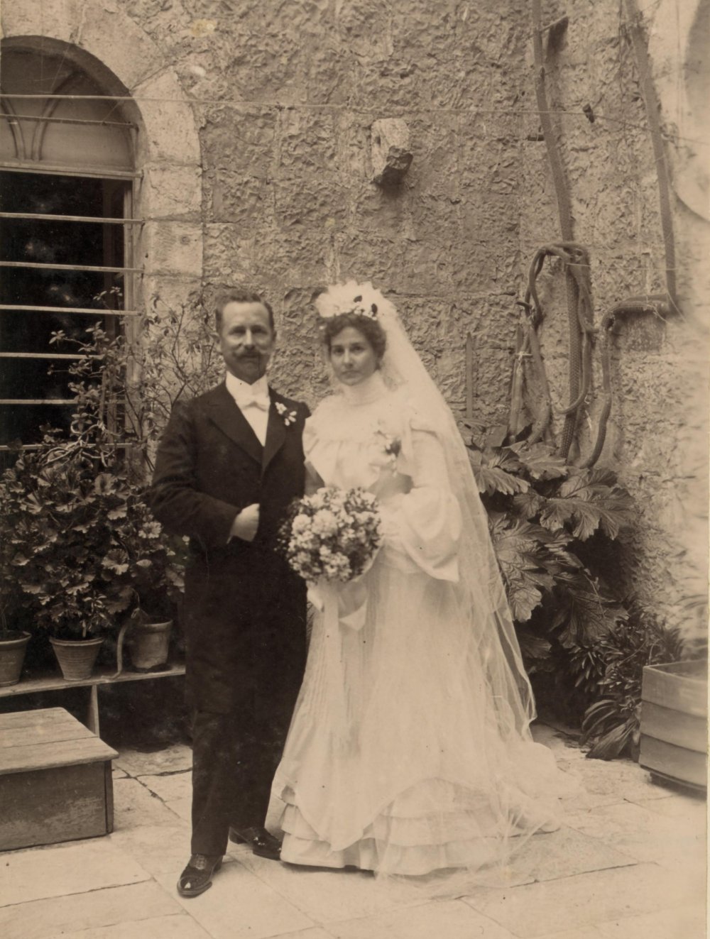 Wedding portrait of Bertha Spafford and Frederick Vester, American Colony, Jerusalem, March 1904