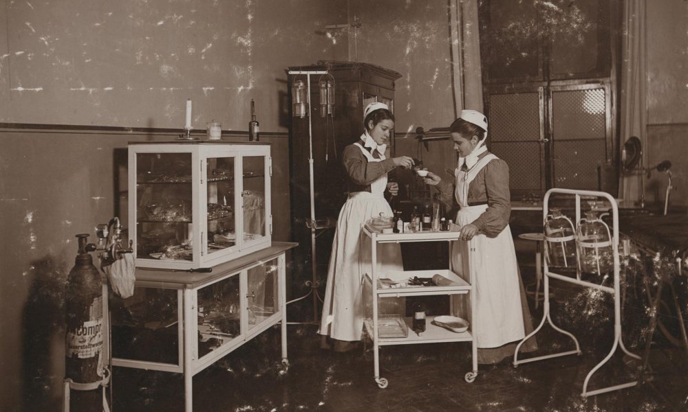 Nurse Anna Fast of the American Colony, a Christian community in Jerusalem, attending to her hospital duties, ca. 1890–1910