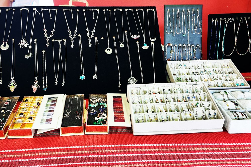 Locally designed jewelry displayed at the Yabous Cultural Centre bazaar, Jerusalem, August 17, 2024