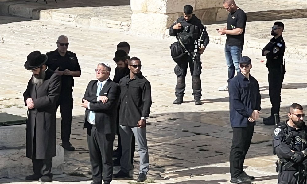 Itamar Ben-Gvir charges into al-Haram al-Sharif compound in East Jerusalem under Israeli police protection, July 18, 2024.