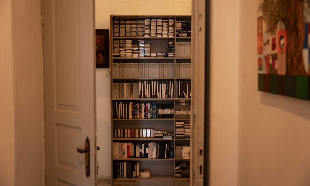 A bookshelf at Sabreen’s Jerusalem studio filled with the band’s music recordings over the years, June 24, 2024