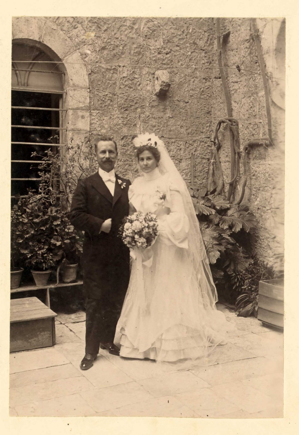 Wedding portrait of Frederick Vester and Bertha Spafford, American Colony, Jerusalem, March 1904