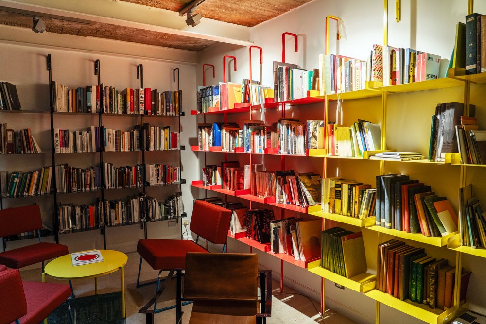 Books displayed at the library at al-Ma‘mal Foundation in Jerusalem, August 22, 2024