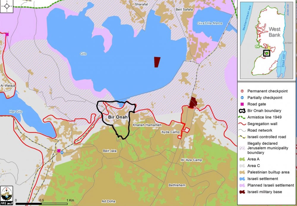 A map showing the Palestinian neighborhood of Bir ‘Awna and its surroundings