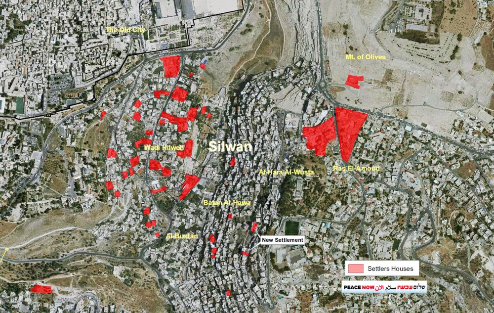 Map illustrating location of Jewish settlers’ homes in Palestinian neighborhood of Silwan, directly south of Jerusalem’s Old City