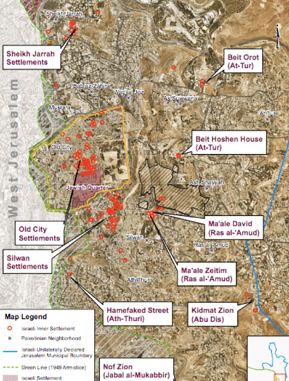 A map illustrating the location of Israeli settlements in and around the Old City of Jerusalem