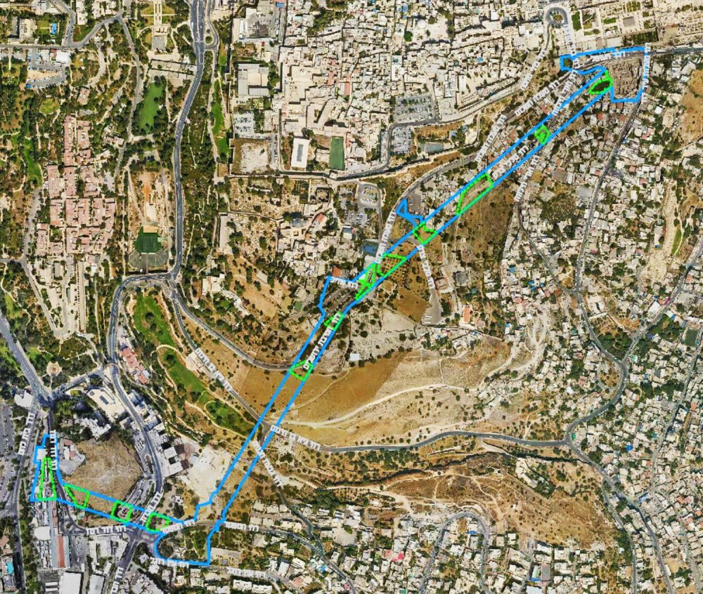 Map of the routes of the cable car and train in the Holy Basin area of Jerusalem