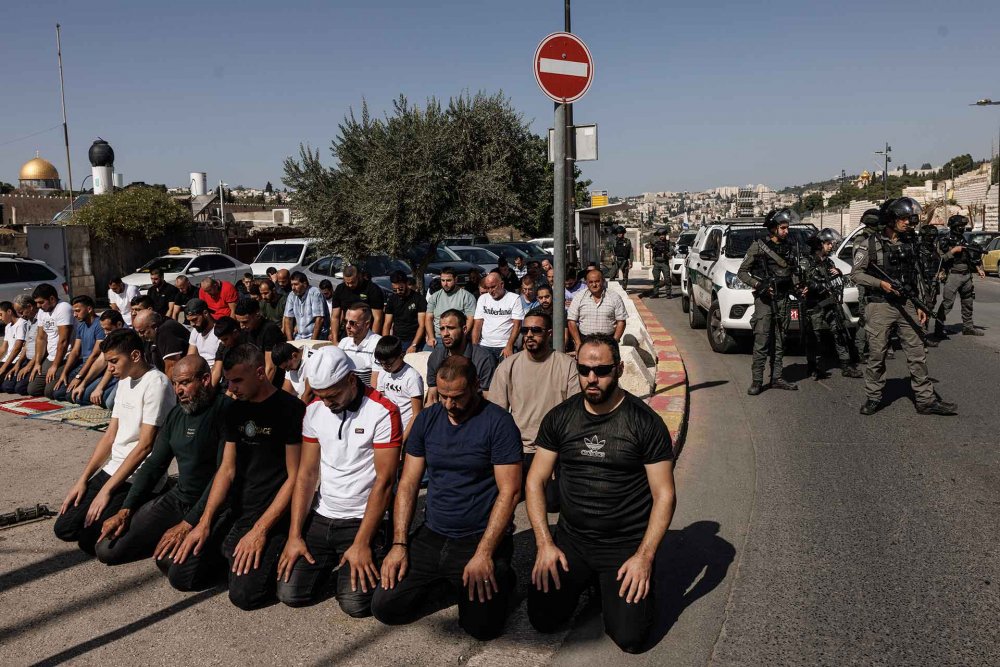 Muslim worshippers under age 50 are forced to pray in the street due to Israel’s age restrictions on access to al-Aqsa Mosque, November 3, 2023.