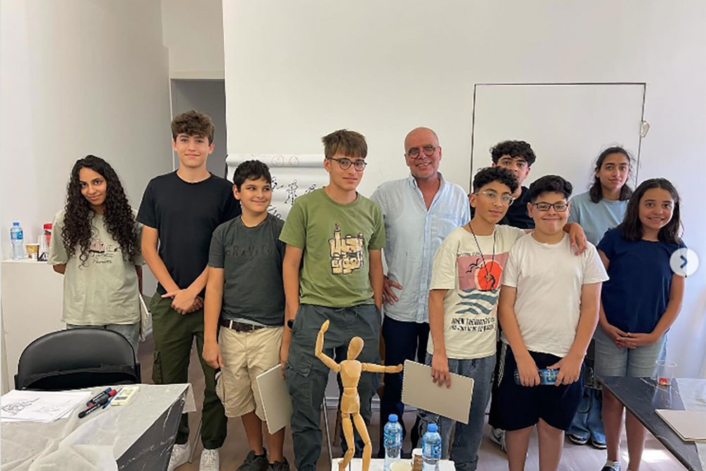 Young Palestinian students at a drawing workshop at al-Hoash, July 16, 2024