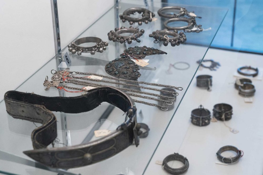 Silver jewelry, metal, and copper pieces are displayed in the Palestinian Heritage Museum in Jerusalem, November 9, 2024.