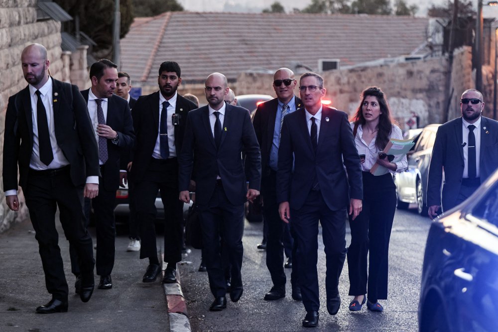 French foreign minister walks away after canceling his visit to the Church of the Pater Noster, Jerusalem, November 7, 2024.