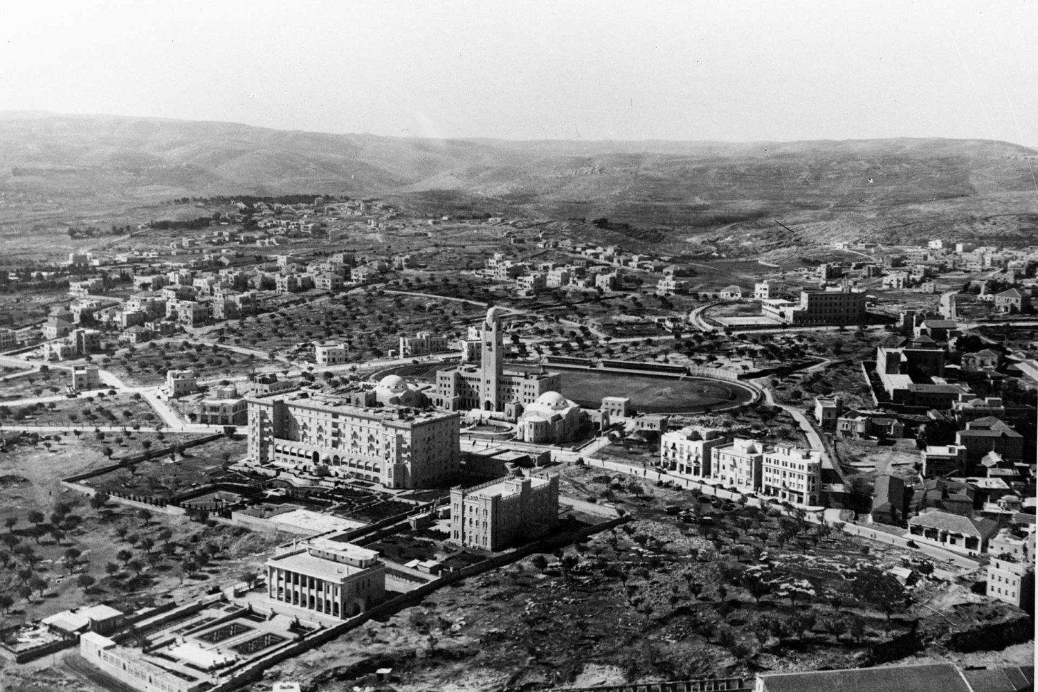 An aerial view of the King David Hotel and YMCA in Jerusalem, 1929