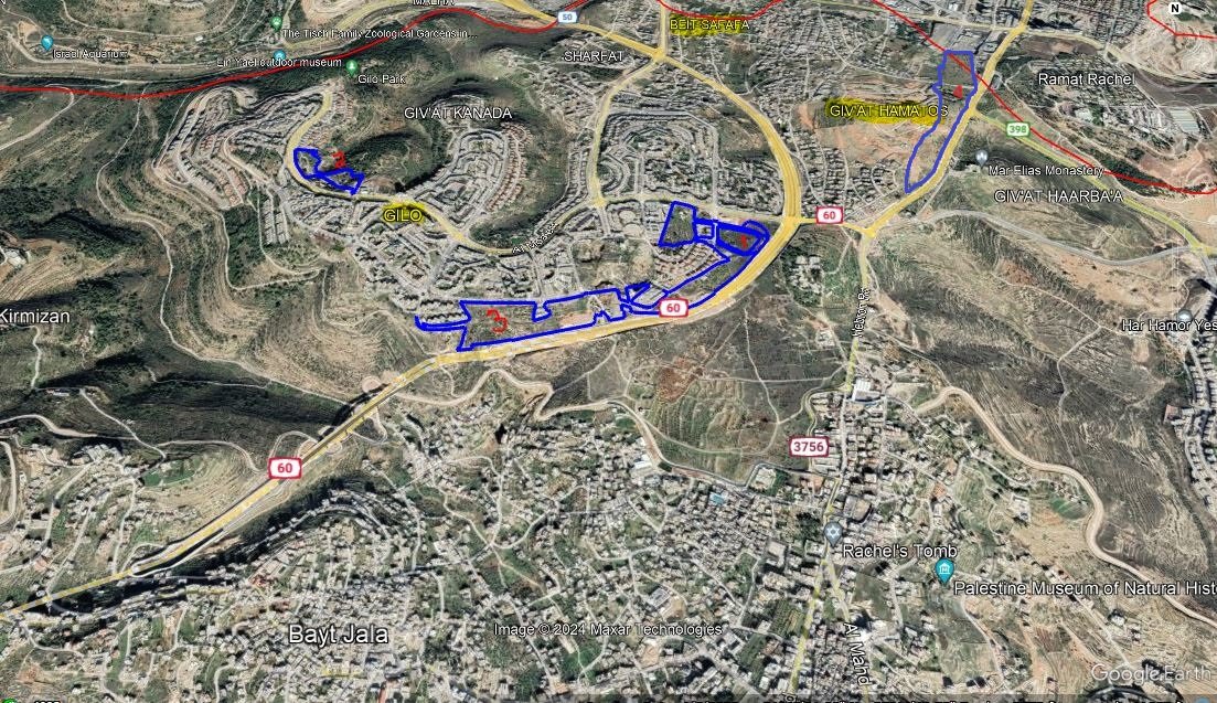 A map showing several plans areas for settlement development in Jerusalem, August 2024